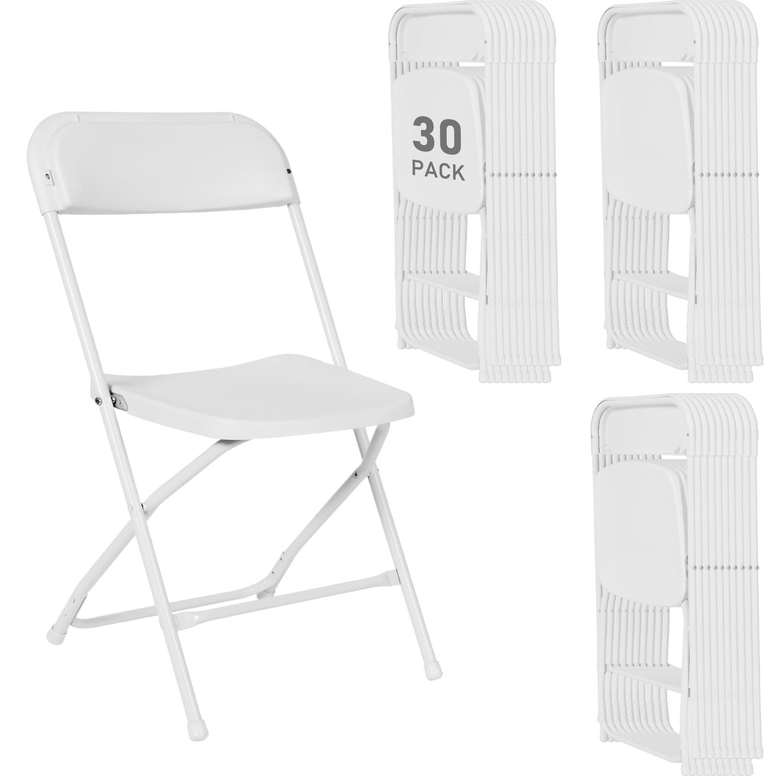 susici 30 Pack White Plastic Folding Chairs, Portable Stackable Commercial Party Folding Chairs with Steel Frame 350lbs for Home Office Outdoor Indoor