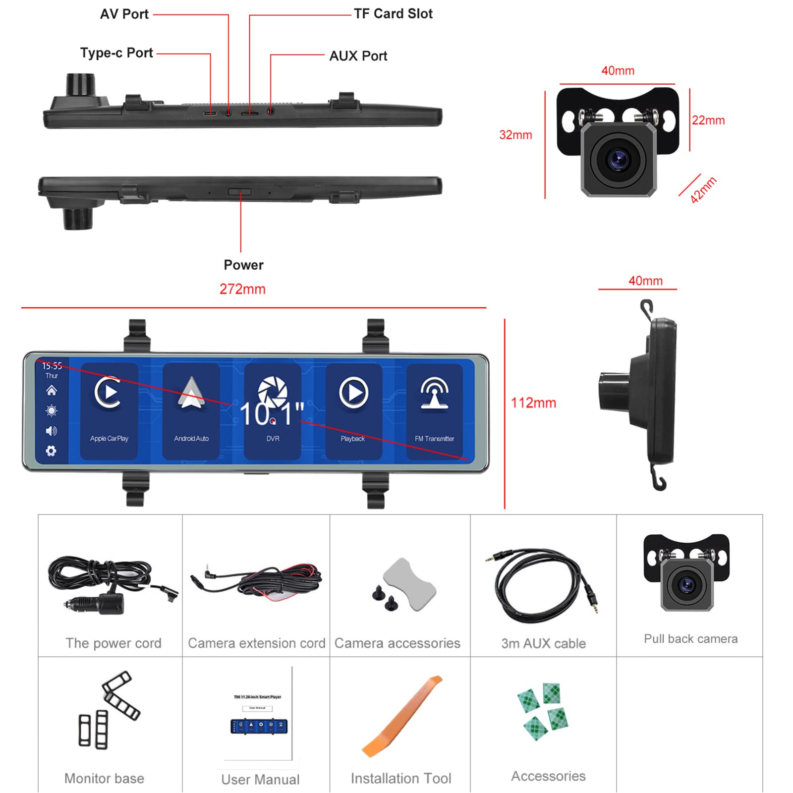 Specchio Retrovisore Auto Dash Cam Carplay Android Auto, Bluetooth, 11,26 Pollici Touchscreen IPS Specchio Retrovisore DVR, Anteriore e Posteriore Telecamere WDR, Specchio Dash Cameras FM, AUX in