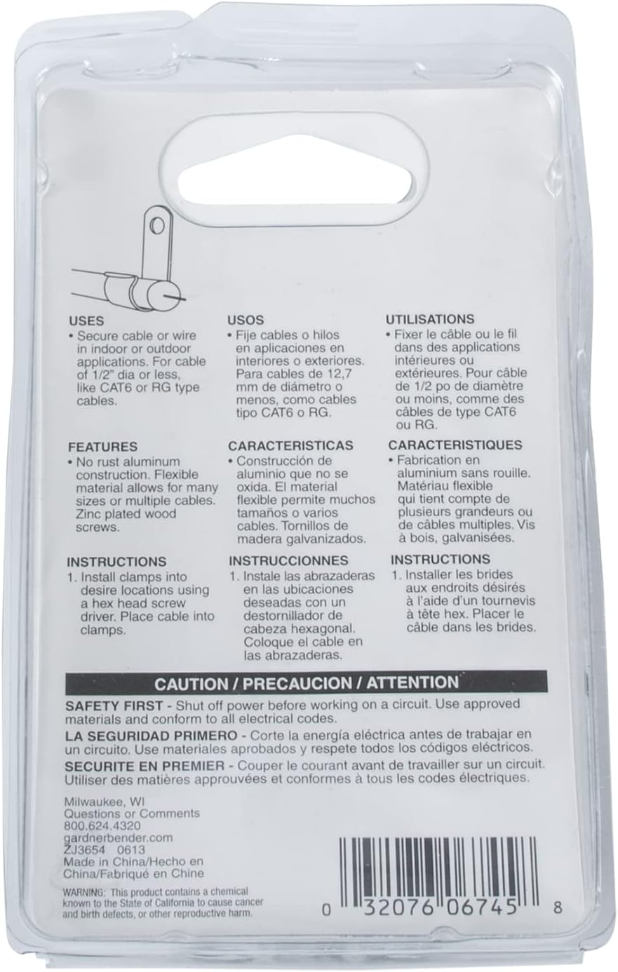 Gardner Bender PAW-1550L1 EZ Aluminum Cable Clips for Exterior Cables, ½", White