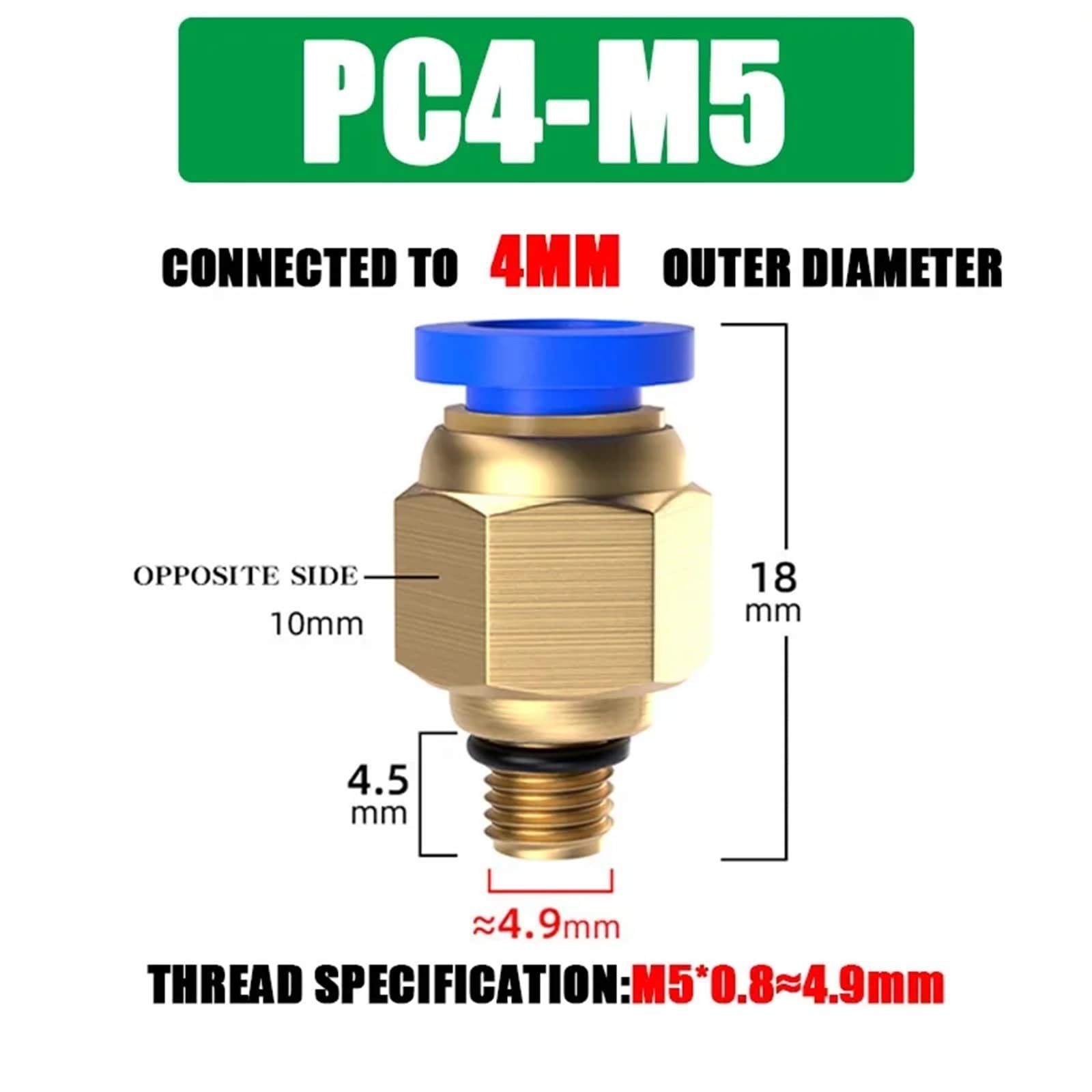 10 x pneumatische Steckverbinder für PC, 4 mm, 6 mm, 8 mm, 10 mm und 12 mm (1/8 Zoll, 1/4 Zoll, 3/8 Zoll, 1/2 Zoll) (PC4-M5, 10 Stück)