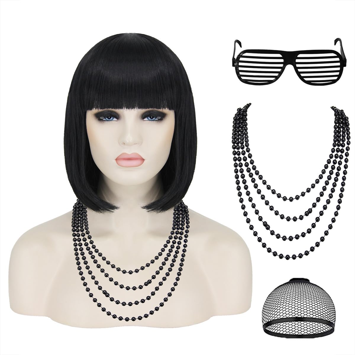 shecoolBlack Bob Wig for 1920s Costume Accessories Women Short Black Wig with Bangs Natural Cute Synthetic Wig with Glasses Necklace for 1920s Costume Party SL005BK
