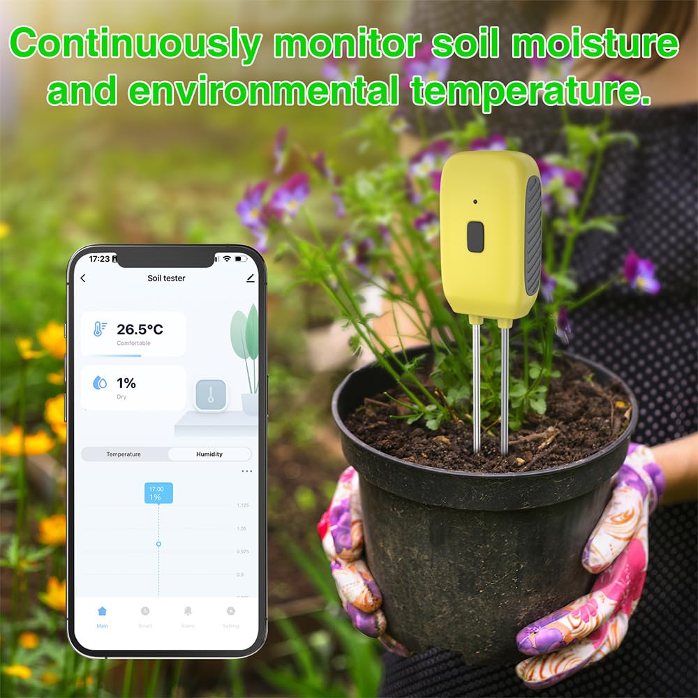 Bodenmessgerät, intelligenter Pflanzenwassersensor, Temperatur- und Feuchtigkeitsalarm, Outdoor, IPX5, Doppelnadel-Bodentester, Gartenarbeit für Rasen, Bauernhof, Garten,