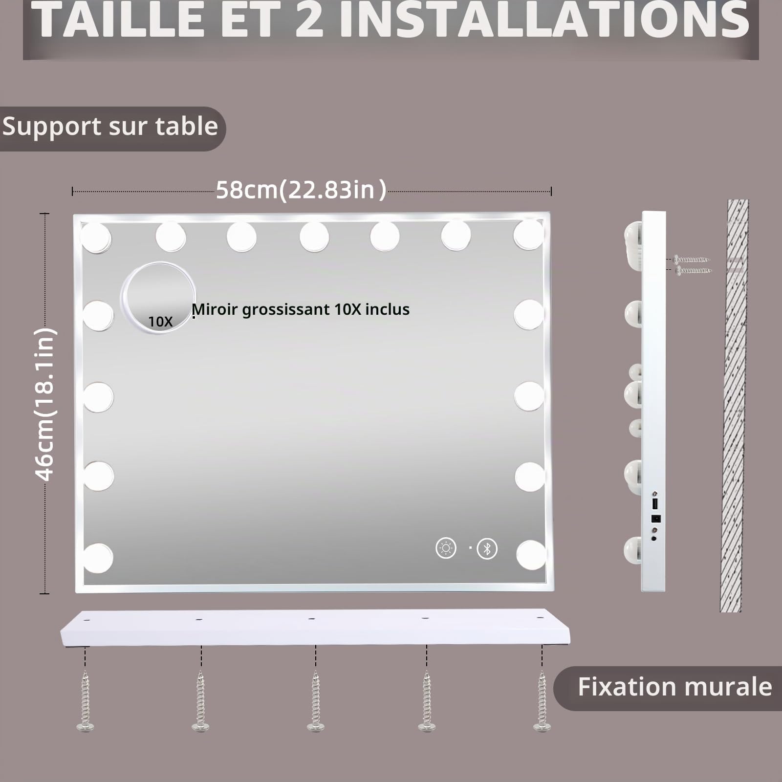 Hansong Miroir Maquillage avec Bluetooth Miroir Coiffeuse Hollywood avec lumières 15 Ampoules LED éclairage 3 Couleurs