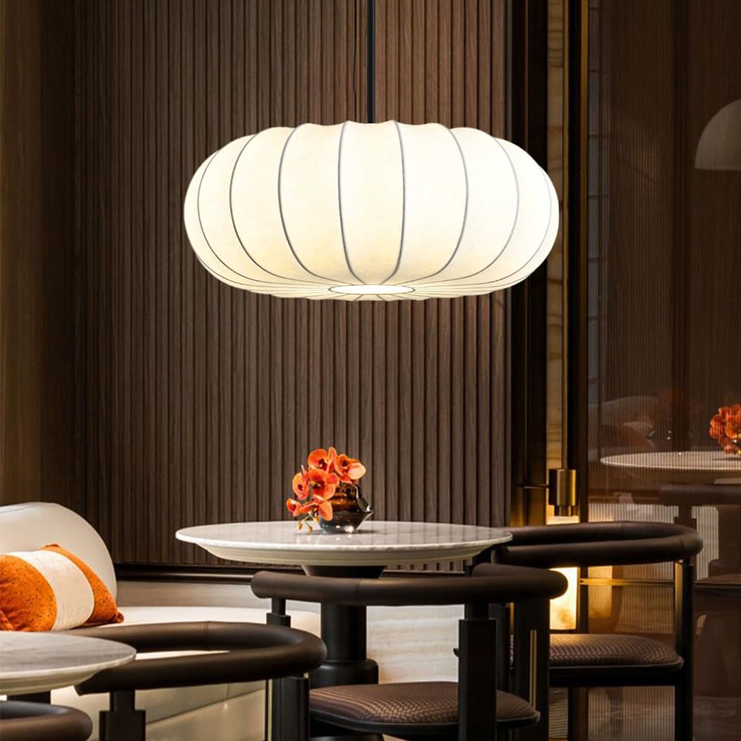 LYMSXAZOU Pendant Light, Silk Fabric Lampshade, Modern E27 Hanging Lamp, Pumpkin Shape Chandelier for Living Room, Bedroom, Dining Kitchen Ceiling Light Fixture
