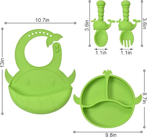 Miniatura 5 de Juego de alimentación para bebés, juego de utensilios de alimentación para bebés con placas de succión, baberos ajustables, tenedores y cucharas