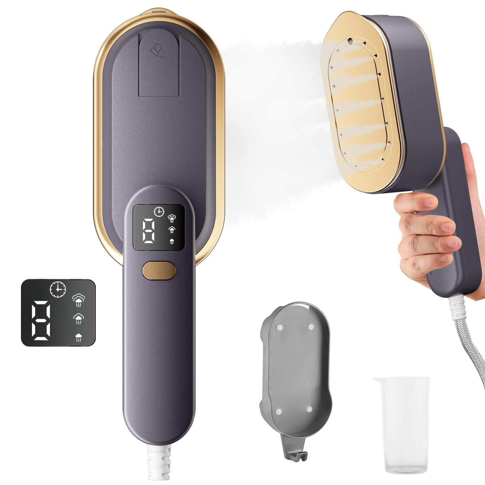 Fer à vapeur de voyage avec écran LCD, 10S, chauffage rapide, 2000 W, avec poignée rotative à 180°, défroisseur portable, 3 niveaux de vapeur pour les voyages, la maison, le bureau (Gris)