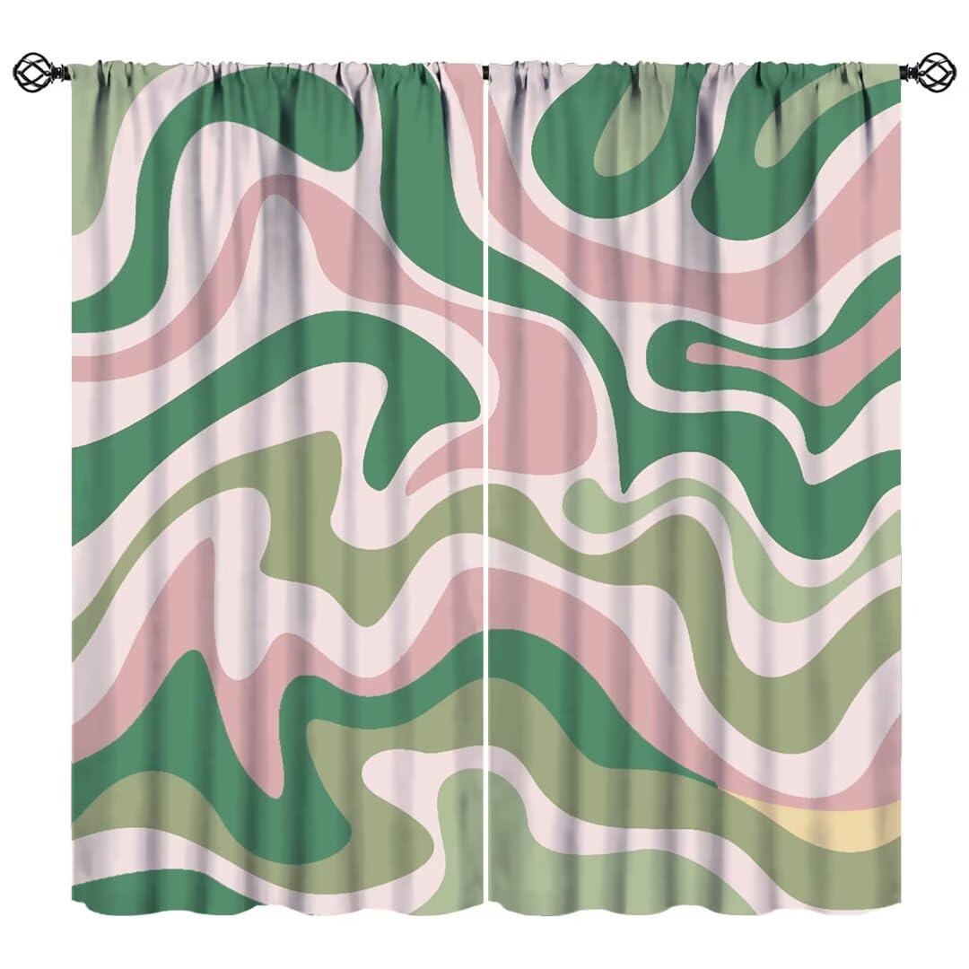 JanJCurt Boho Pink Green Curtains, Abstract Groovy Spiral Swirl Modern Waves Aesthetic Cute1970s Retro Print Window Drapes for Living Room Kids