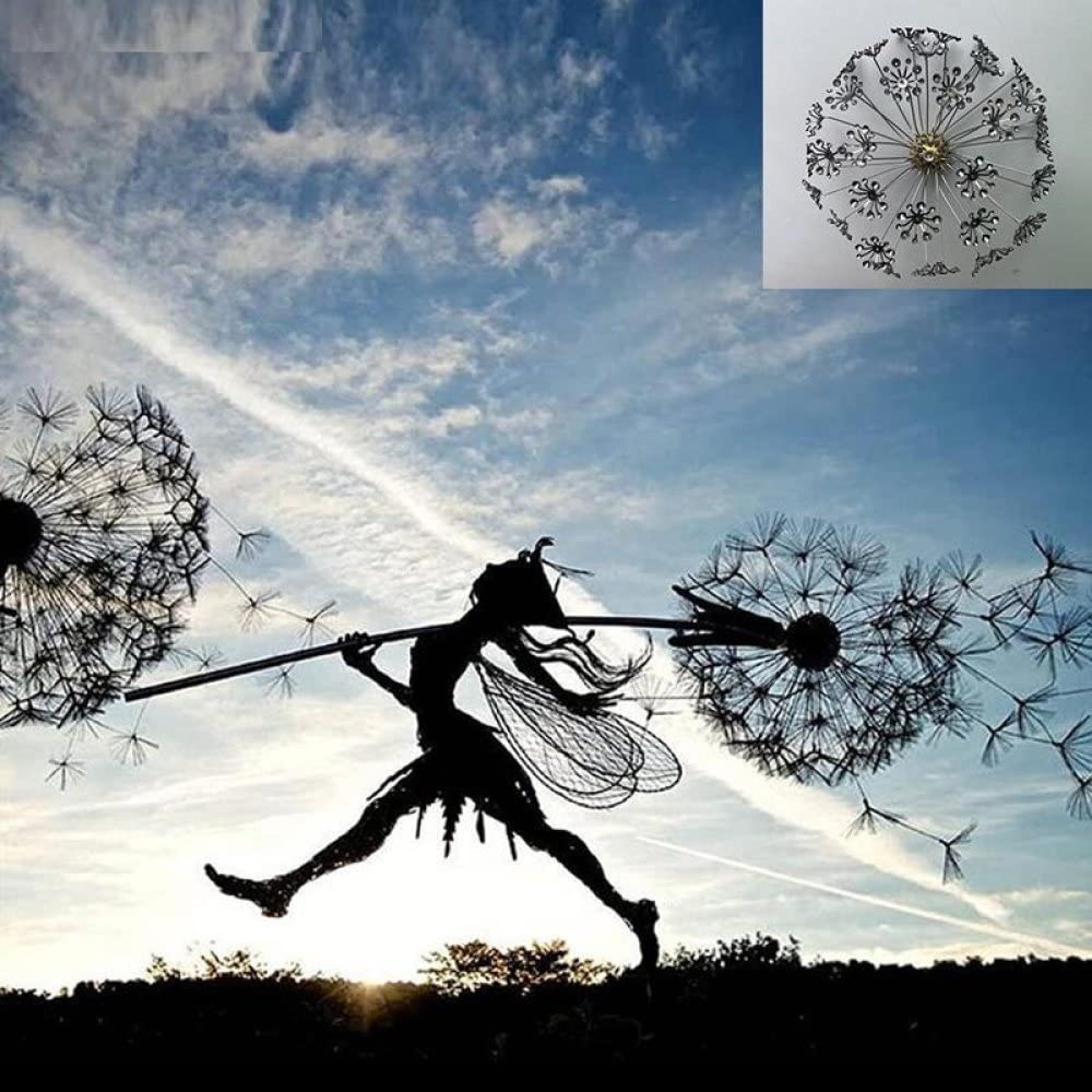 Statua Da Giardino Fata E Tarassaco Danzante – Decorazione In Metallo Argento Per Esterno
