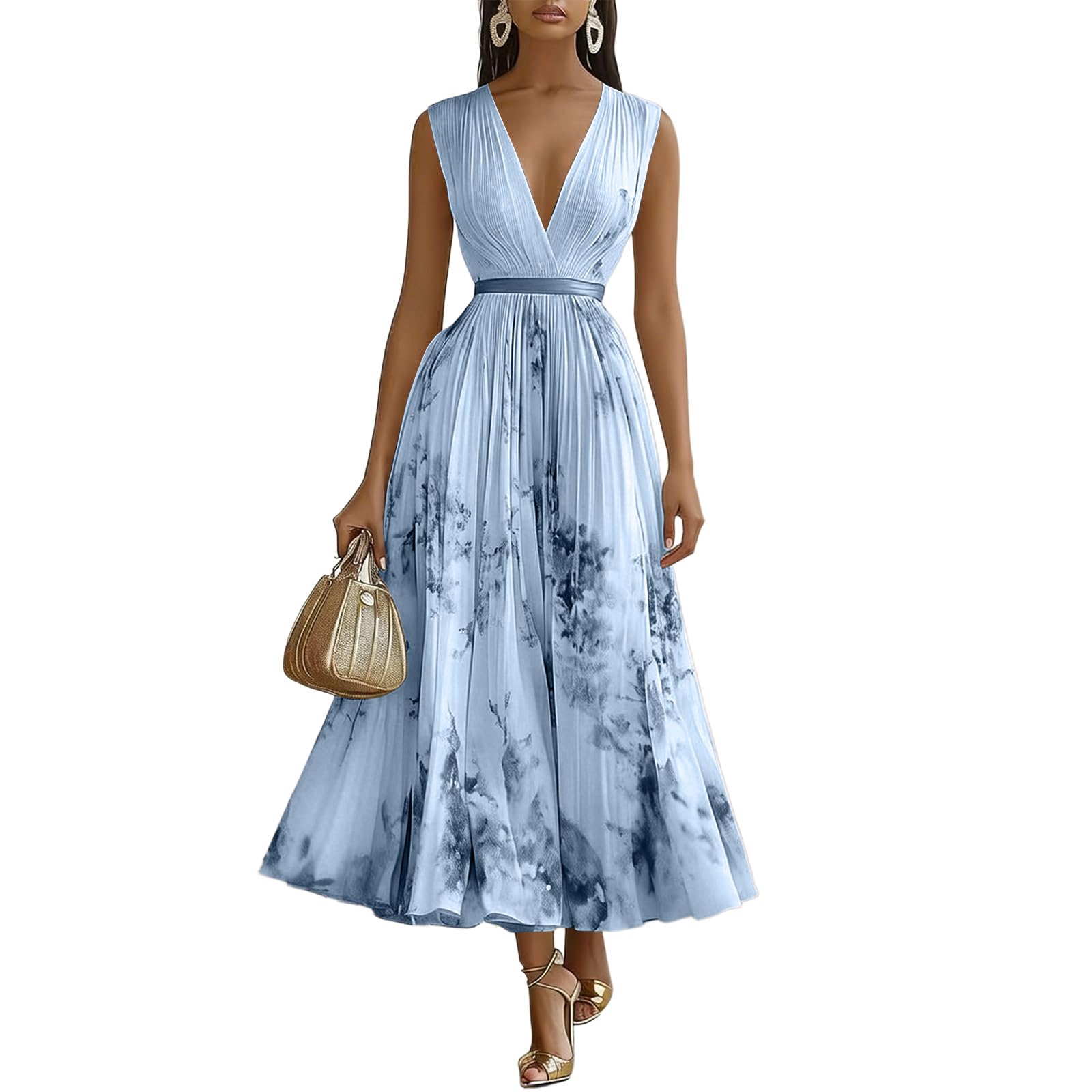 Kleid Hochzeitsgast Damen Curvy Lang Abendkleider Elegant Für Hochzeit Gast Chiffon Festliche Kleider Damen Sommer A Linie Ballkleid V Ausschnitt Tailliert Partykleid Blumen Maxikleider - 1