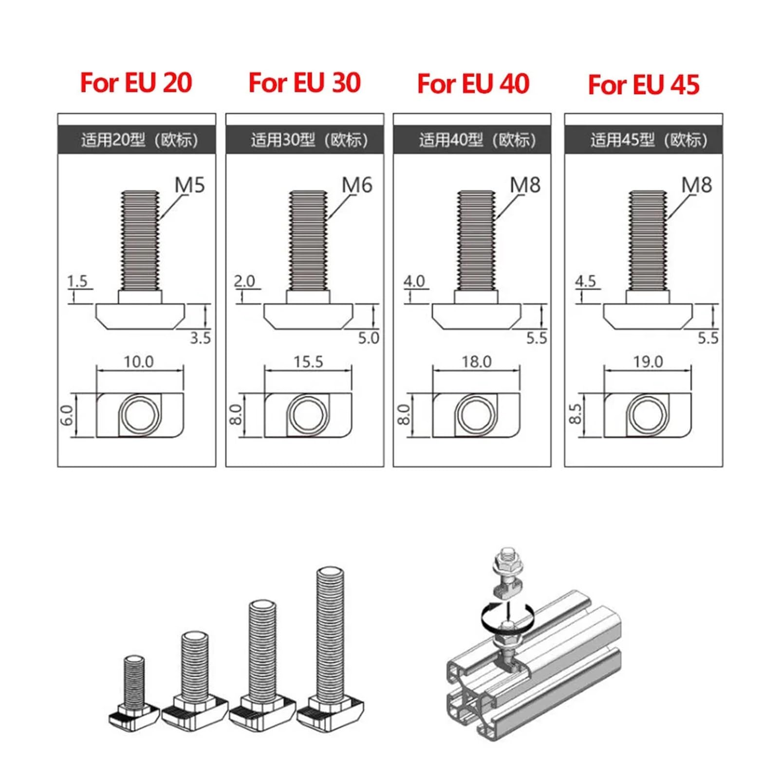 BIGDROP 50 Teile/los M5 M6 M8 T Bolzen Schrauben Befestigungs Werkzeug for T-Schlitz 20 30 40 Serie Linear Schiene Aluminium Profile (Color : Silver, Size : 40-M8x25mm)