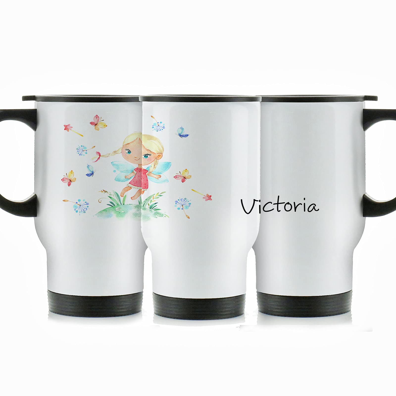 Hairyworm Personalised Travel Mug, 400ml White Stainless Steel Travel Mug with Handle, Customised with Initial/Name, Dandelion Hill Fairy Design Print