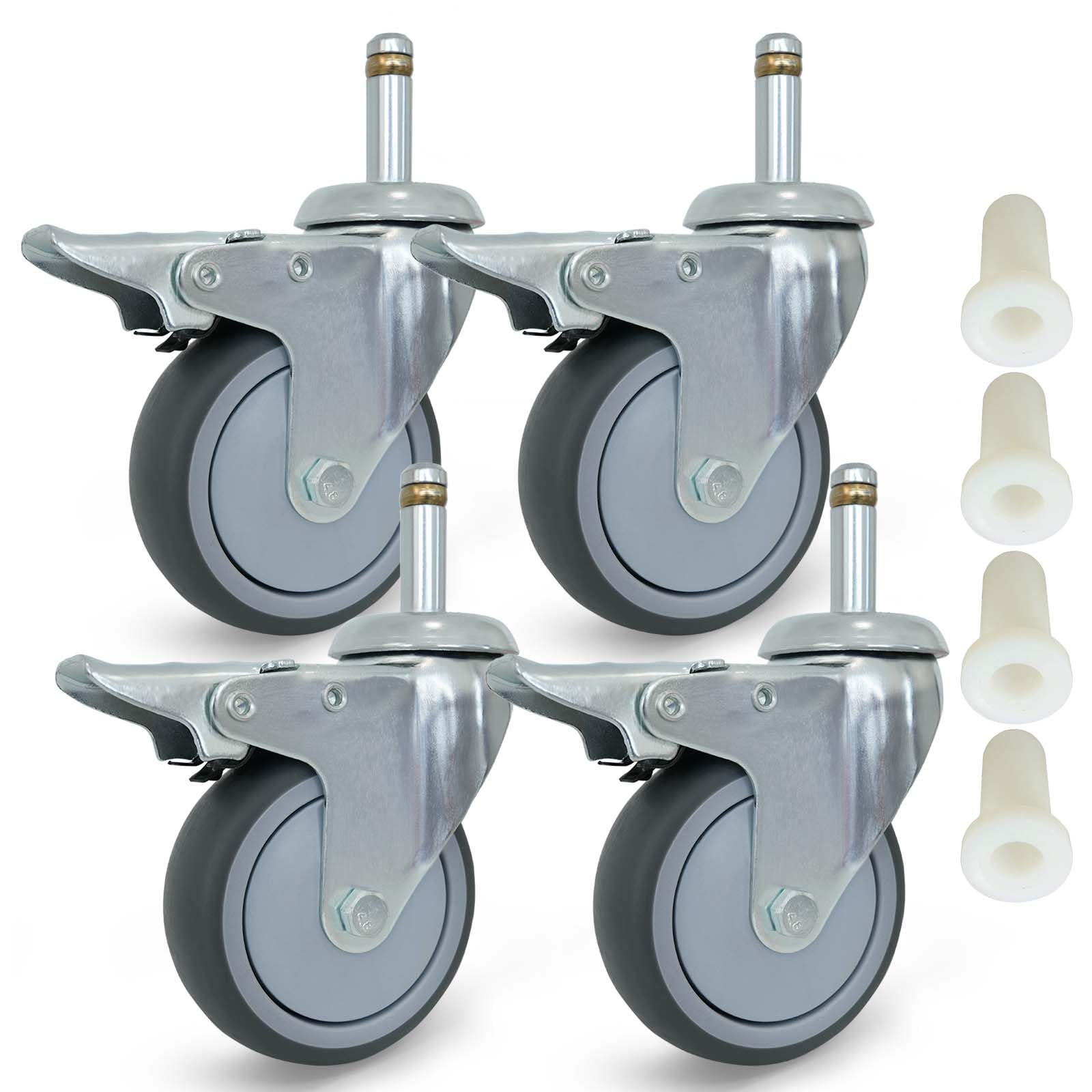 MySit Stem Caster Wheels with Brake 3 inch 7/16-lnch Stem Diameter Heavy Duty TPR Swivel Casters Set of 4 for Rubbermaid Mop Bucket, Cart, Stool, Mop