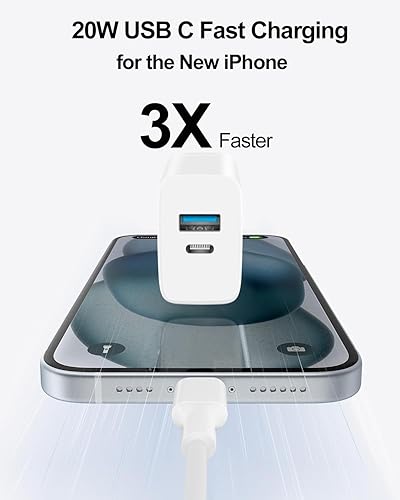 Miniatura 2 de Cargador para iPhone 15, paquete de 20 W, 2 puertos, compacto, plegable, rápido, USB C, con cable de carga USB C a C de 10 pies para iPhone 1515