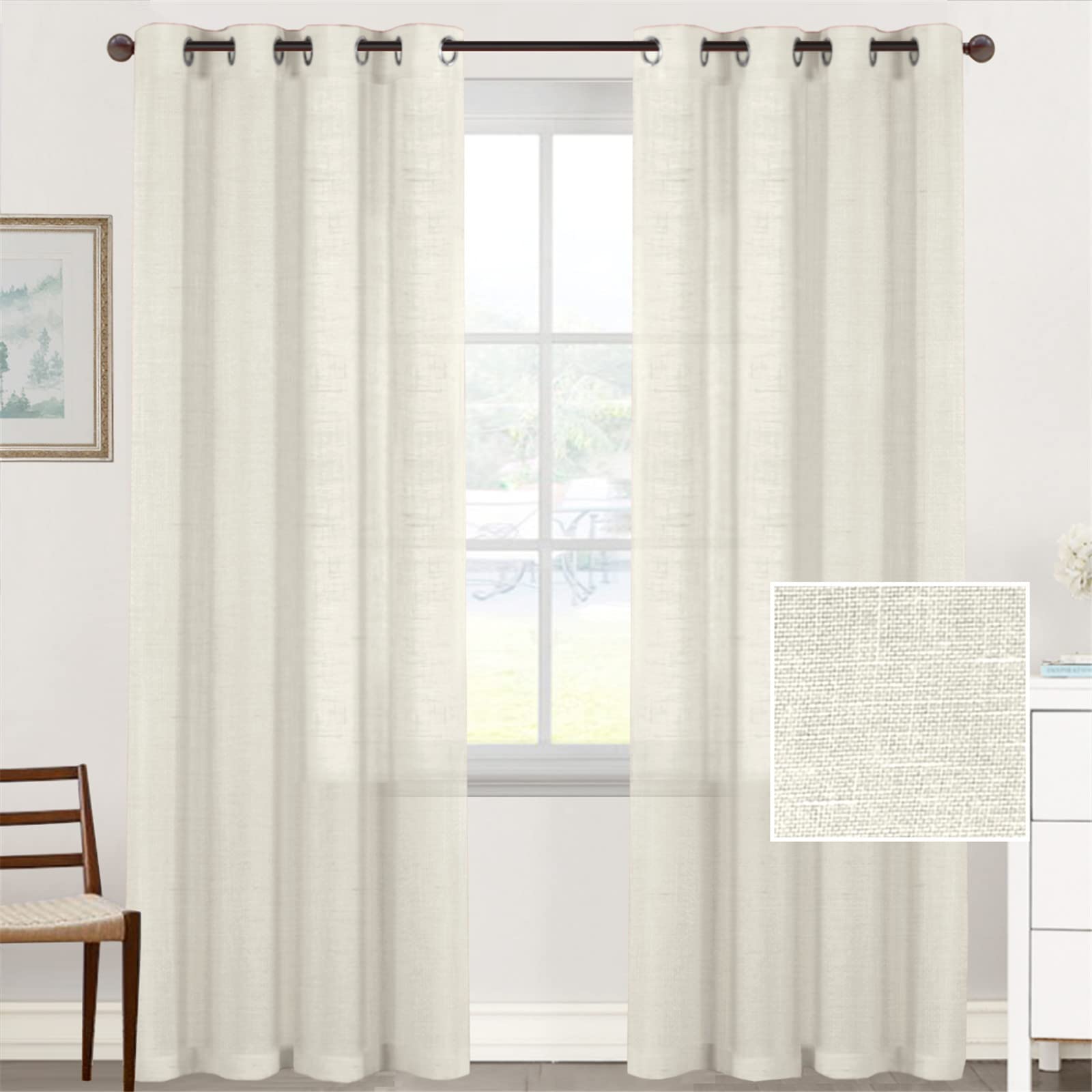Hiseng Voile Curtains for Bedroom 2 Panels, Solid Color Sheer Curtains Eyelets Curtains Linen Translucent Window Screen Door Drapes for Living Room Balcony Home (132x160cm,Beige)