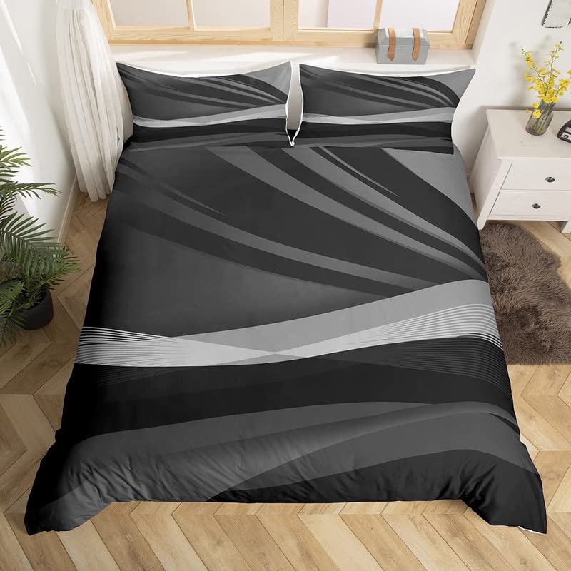 Black Gray White Duvet Cover Super King Modern Abstract Stripes Bedding Set for Women Men Teens Geometric Pattern Comforter Cover Set Ultra Soft Abstract Art Decor Bedspread Cover Zipper Closure — image 1