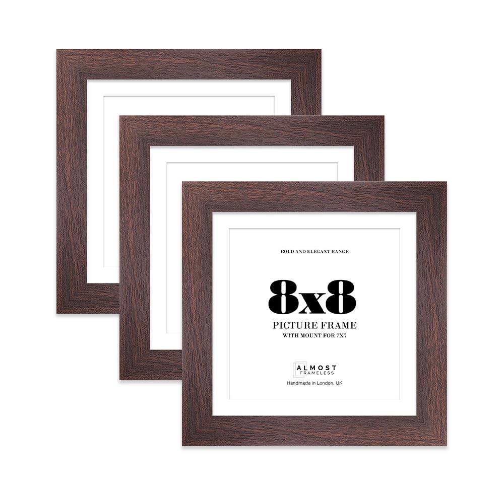 8x8" Walnut Square Frame With Mount for 7x7" Pictures 28mm Edge Frame Display with Wall Hooks and Kickstand, 3 Pack