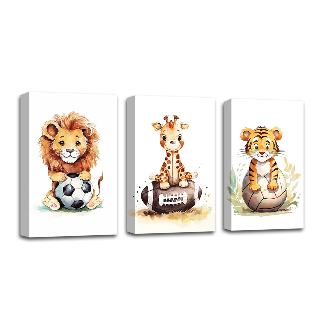 CXHOSTENT Jungle Animals Nursery Wall Decor 3 Pieces Lion Giraffe Tiger with Football Canvas Prints Watercolor Animal Posters Baby Kid Boy Sports Decor (Animal-2, 60.00 x 90.00 cms x 3PCS)