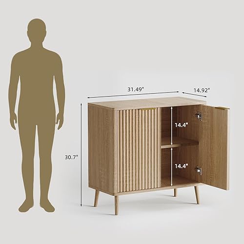 Miniatura 2 de Moderno gabinete de buffet delgado acanalado con almacenamiento, aparador redondeado de mediados de siglo con puertas y estantes ajustables, armario