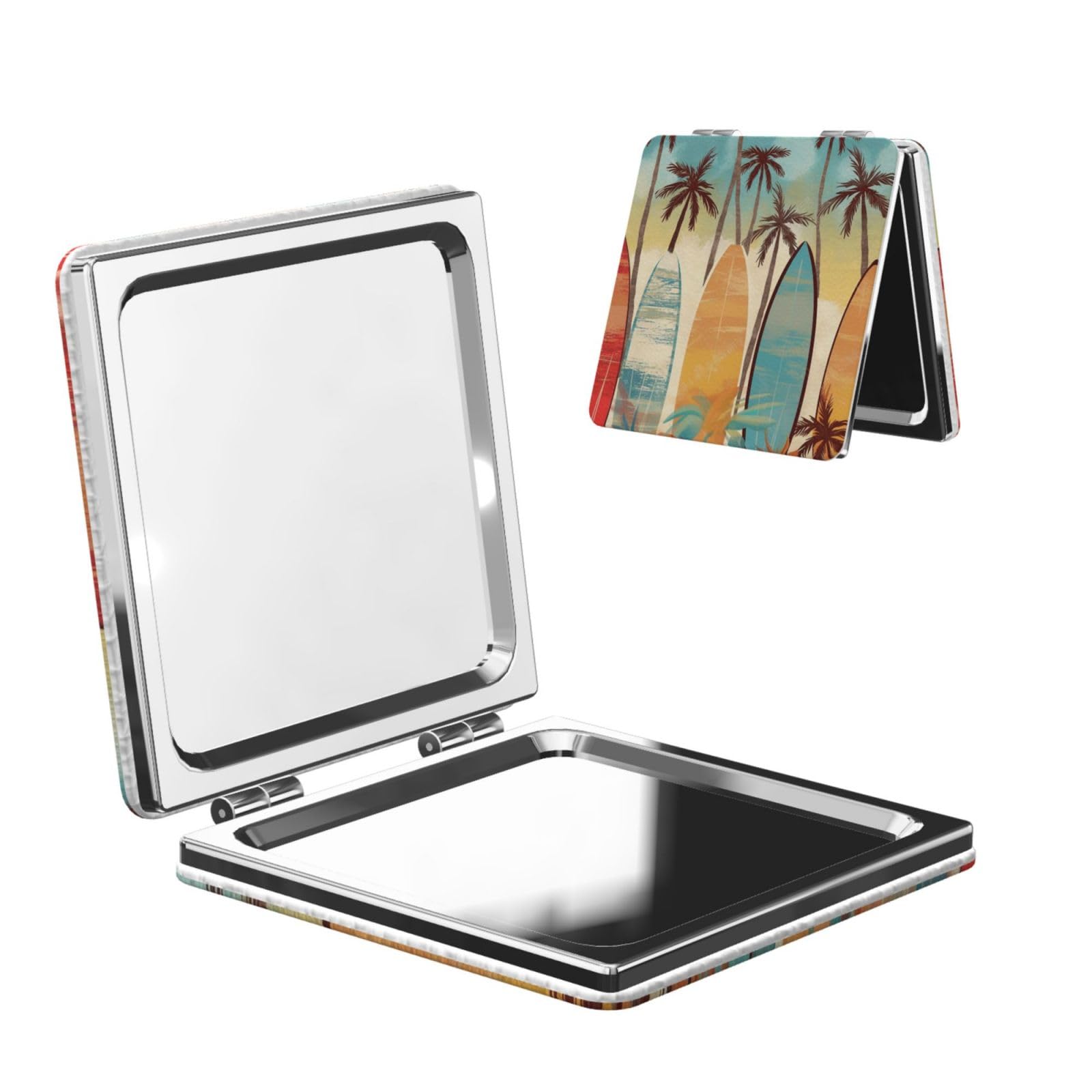 DWVTSLH Surfboard Palm Tree Compact Mirror for Purse, Double-Sided 2X/1X Magnifying Mirror for Women Men, Travel Makeup Mirror for Handbag, Handheld Vanity Mirror for Gift