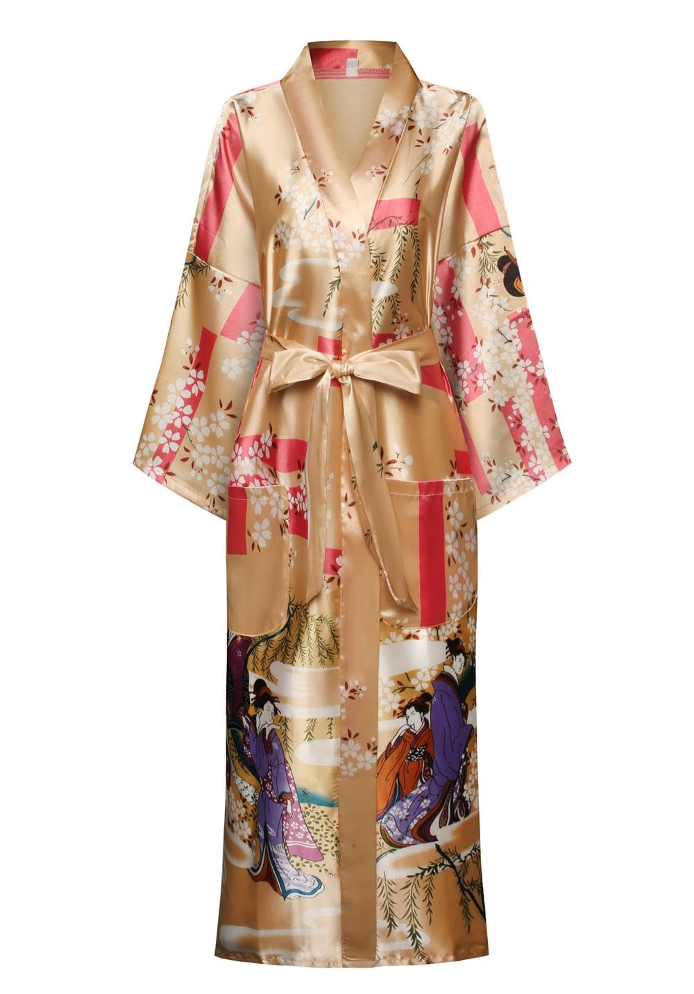 DandyChic Women's Long Floral Satin Robes Imitation Silk Sleepwear Bridal Dressing Gown for Bridesmaid Nightgown