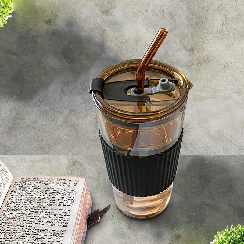 RYUHYF Straw cup, coffee cup, glass with straw and lid, double drink cup, milk cup, tea cup, ice coffee cup, car cup,set of 1 (16oz, Amber cup with black silicone rubber ring)