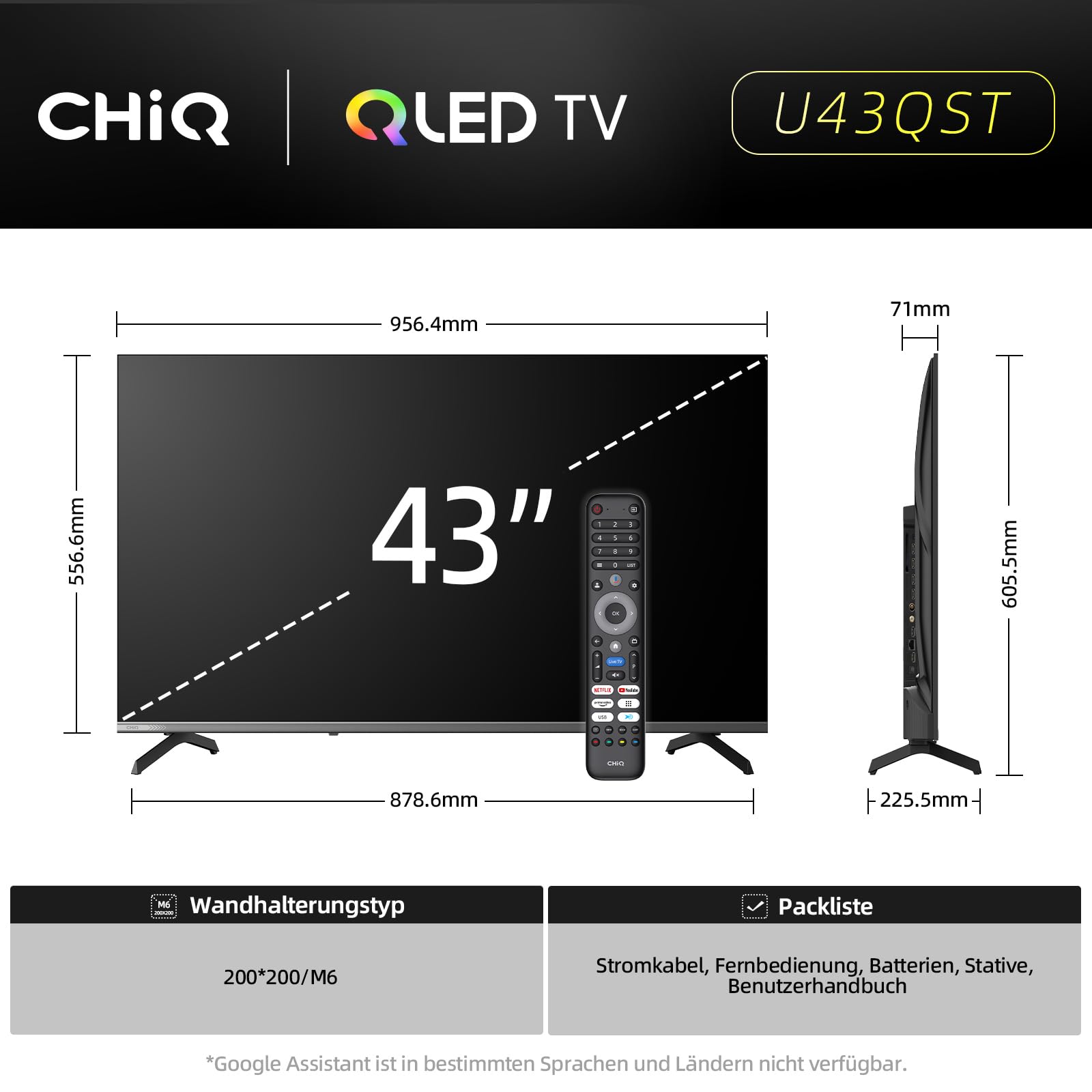 CHiQ 43 Zoll 4K UHD QLED Smart Google TV, ALLM & VRR für Spiele, MEMC | Kompatibel mit Apple AirPlay, HDR10, Sprachsteuerung, Ultra-dünnes Metal-Design, Dolby Audio, 2.4G/5G WLAN, U43QST