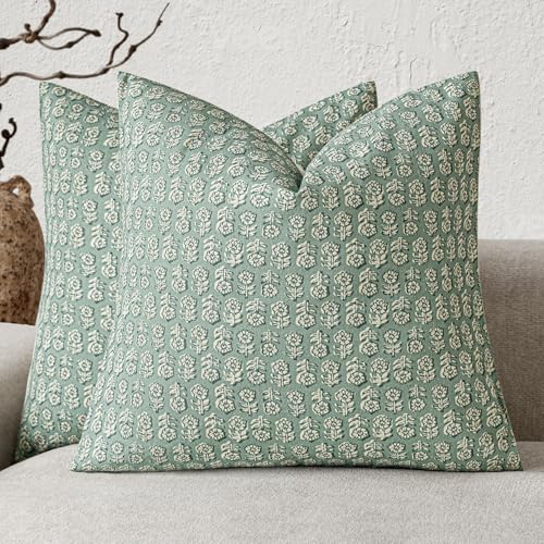 Image of Foindtower Set of 2 Decorative Neutral Floral Print Throw Pillow Covers Vintage Accent Farmhouse Cushion Covers Boho Home Decor for Sofa Couch Chair Bedroom Living Room Outdoor,22x22 Inch,Aqua Blue