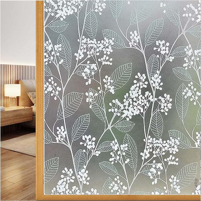 Image of Window Privacy Decorative Stained Glass Window Decal Tint Film, Adhesive Static Cling Sun Stickers, Door Window Covering For Home (24In' X 7Ft', Blue Cherry Leaf)