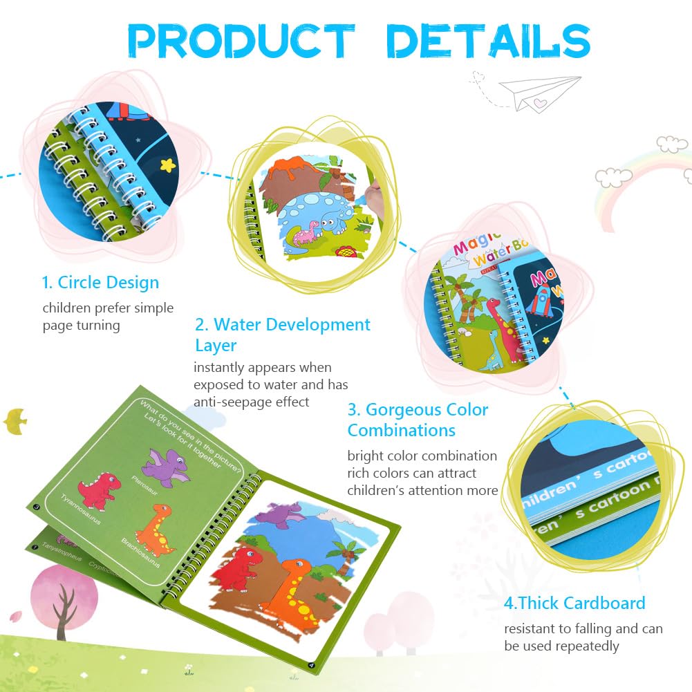 OSDUE Libro da Colorare ad Acqua, 2 Pezzi Libro di Pittura ad Acqua per Bambini, Libro da Colorare ad Acqua Magica con Penna, Bambini Istruzione Drawing Toy, Bambini in Viaggio Attività di Pittura
