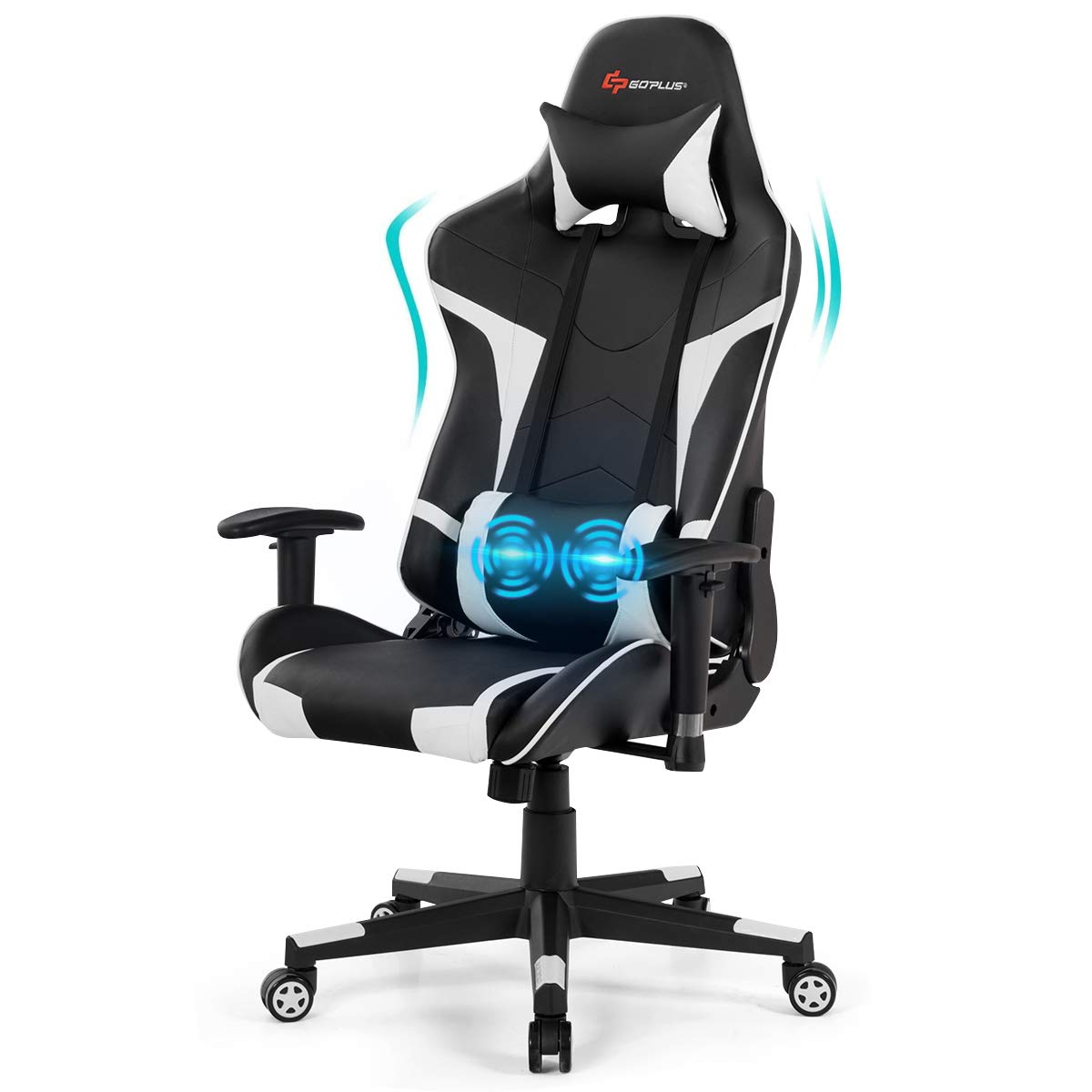 POWERSTONEGaming Chair - Office Chair Computer Gaming Racing Chair with Lumbar Massager Support PU Leather Adjustable Arms Headrest High-Back Recliner Ergonomic Rolling Swivel Chair (White)