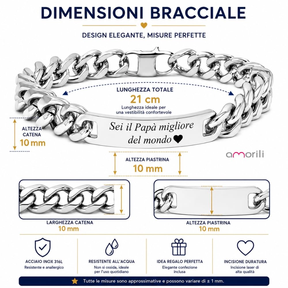 Bracciale Uomo Personalizzato con Incisione Acciaio Inox Catena Cubana Grumetta – Braccialetto Maschile con Nome Data Dedica – Design Elegante Regolabile – Idea Regalo Uomo bcc1489
