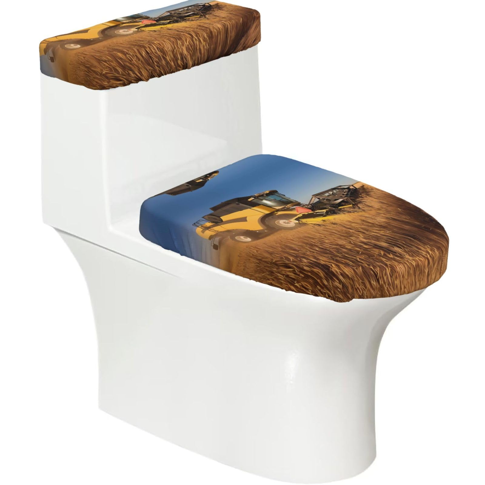 Farm Tractor Harvest 2-Piece Toilet Seat Cover Set with Tank Lid - Elastic for U-Shape & Elongated - Bathroom Decor