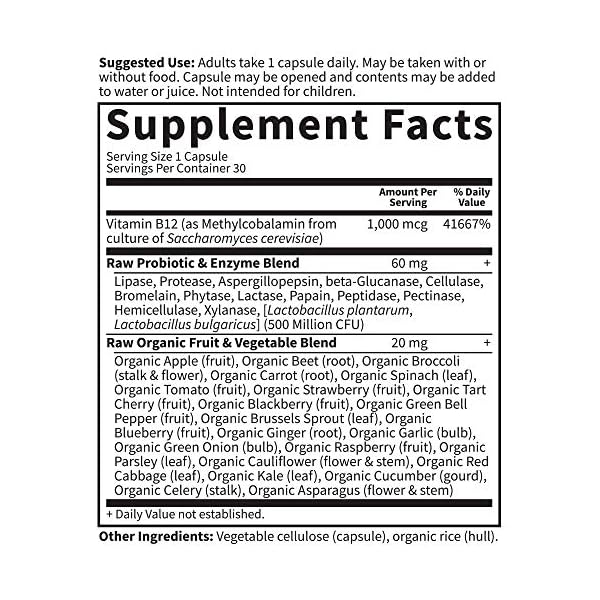 Garden of Life B12 - Vitamin Code Raw - 30 Capsules, 1,000mcg Whole Food Methylcobalamin for Energy, Vegan B12 Vitamin plus Probiotics & Enzymes, Gluten Free Supplements