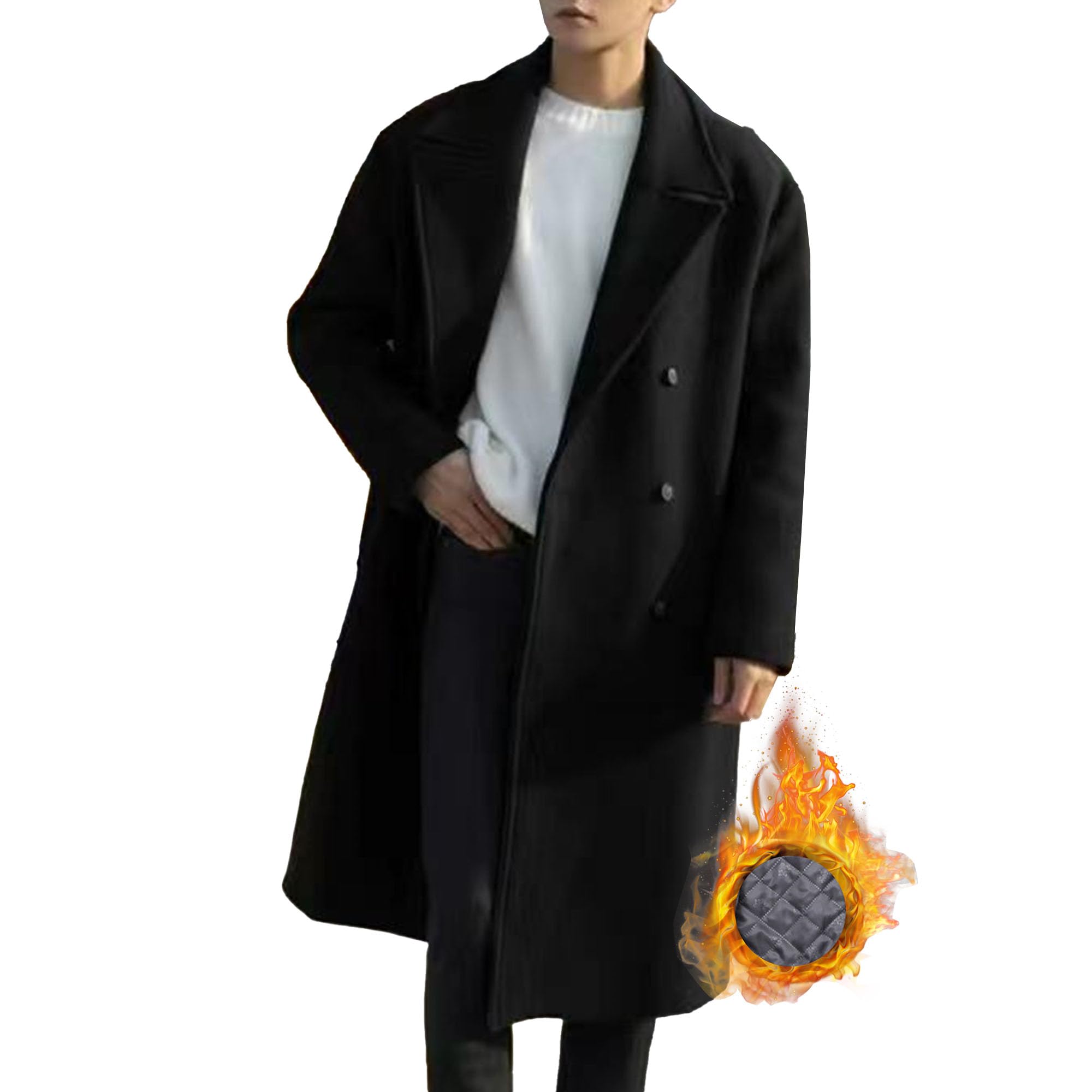 JEKE-DG Men's Double-Breasted Long Pea Coat Winter Wool Blend Trench Coat Notched Lapel Warm Jacket Outerwear (3X-Large,Black Thickening 2)