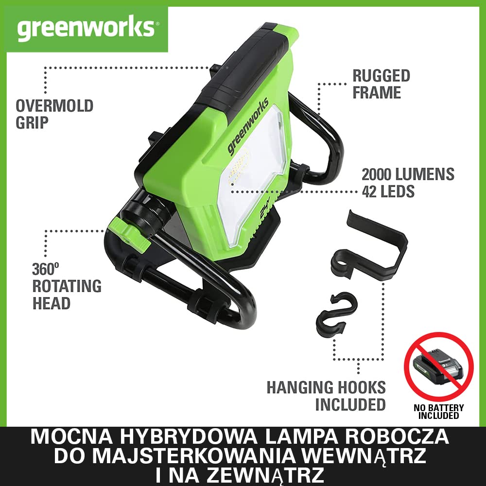 Greenworks G24WL Akumulatorowa Lampa Robocza Hybrydowa AC/DC z Hakiem do Zawieszania, Kabel Zasilający AC lub Przenośna Bateria, 2000 Lumenów, 2 Ustawienia Jasności BEZ Akumulatora 24V i Ładowarki