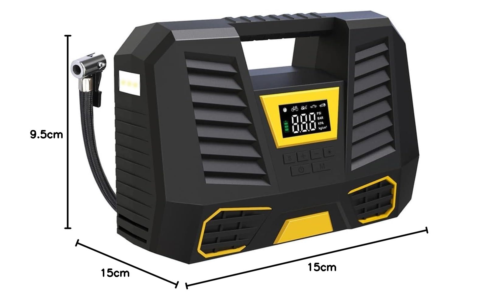 Przenośna sprężarka powietrza, 150 PSI, 12 V DC, pompka do opon z wyświetlaczem LCD i lampą LED, czarny/żółty