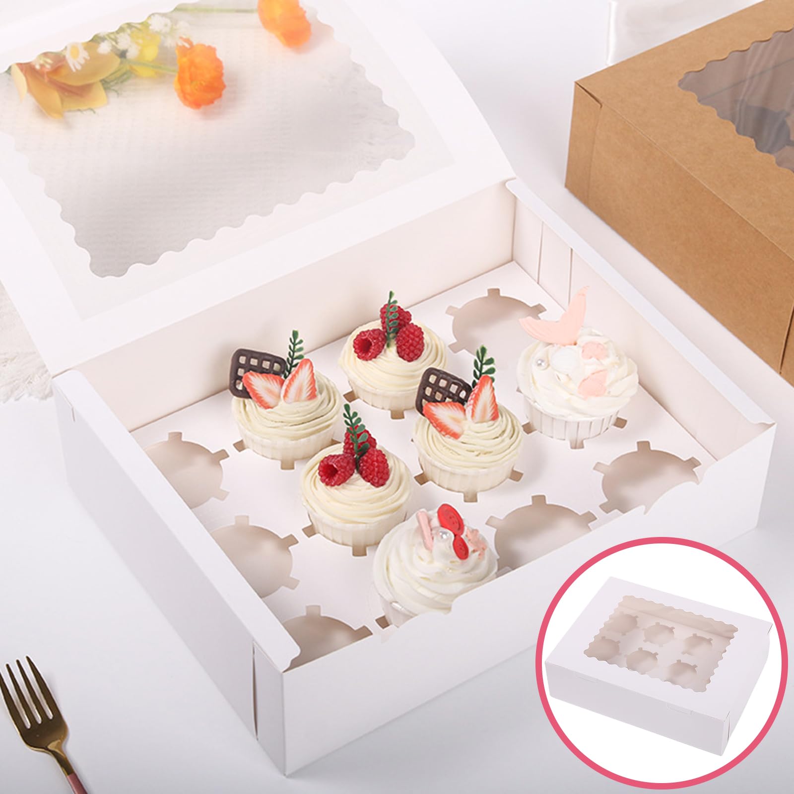 Taartdoos karton, 2 stuks taartdozen met kijkvenster en taartbord, cupcake- doos met groot kijkvenster en inzetstukken, 26 x 26 x 13 cm, wit, voor cupcake-transportbox, gebak