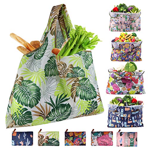 Ravmix 5-Pack Reusable Shopping Bags 55LBS XX-Large Foldable Washable Grocery Bags Heavy Duty Cloth Shopping Bags Tote Ripstop Fits in Pocket, Cute Cat Dog Owl Cactus Printing