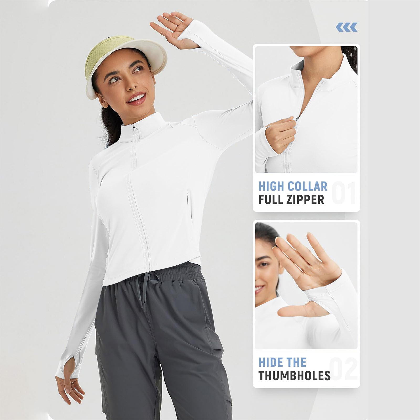 Women's UPF 50+ Sun Protection Tops UV Outdoor Running Crop Jacket Long Sleeve Full Zip Lightweight Rash Guard(White,Small)
