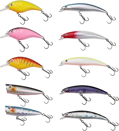 Kit de señuelos de pesca mezclados, incluyendo ojos 3D Hard Minnow Popper cebos de manivela con ganchos para agua salada, trucha, lubina, salmón