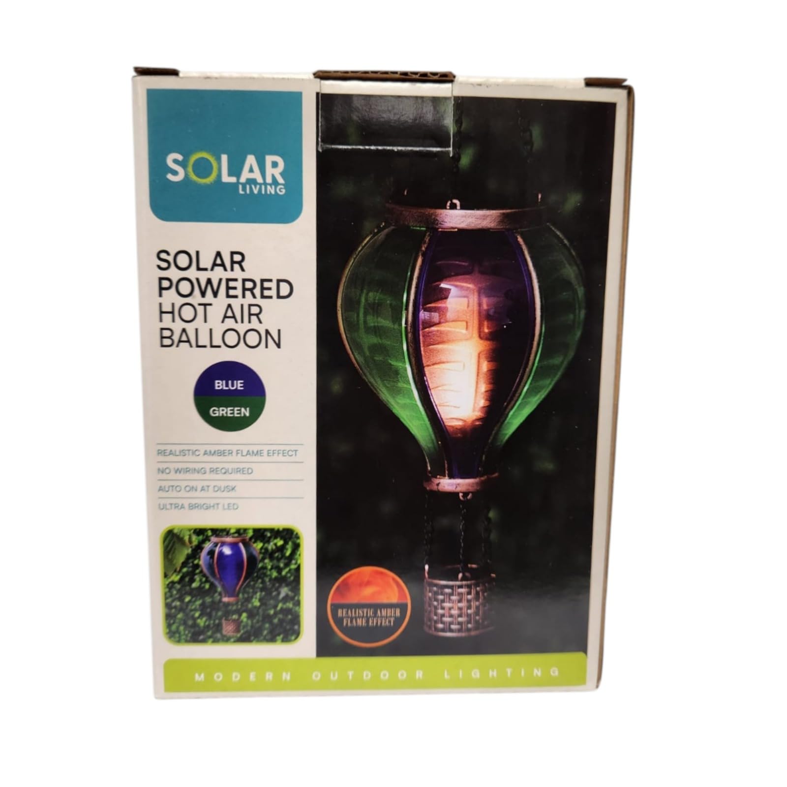 Solar Hot Air Balloon Garden Light, LED Hanging Outdoor Lantern with Realistic Amber Flame Effect, Auto On at Dusk, No Wiring Required, Decorative Patio Light (Pack of 1 (Blue & Green))