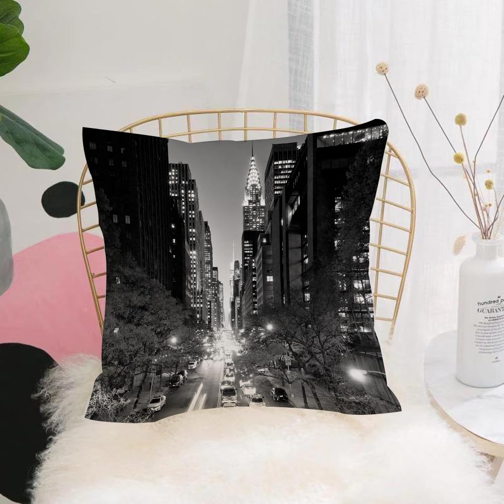 HYMSXW Cushion Cover,Throw Pillow Case Home Decorative for Living Room Bedroom Sofa Chair 20X20 Inch,New York, Building, black and white cityscape, street scene, night scene,Pillowcase 50X50cm