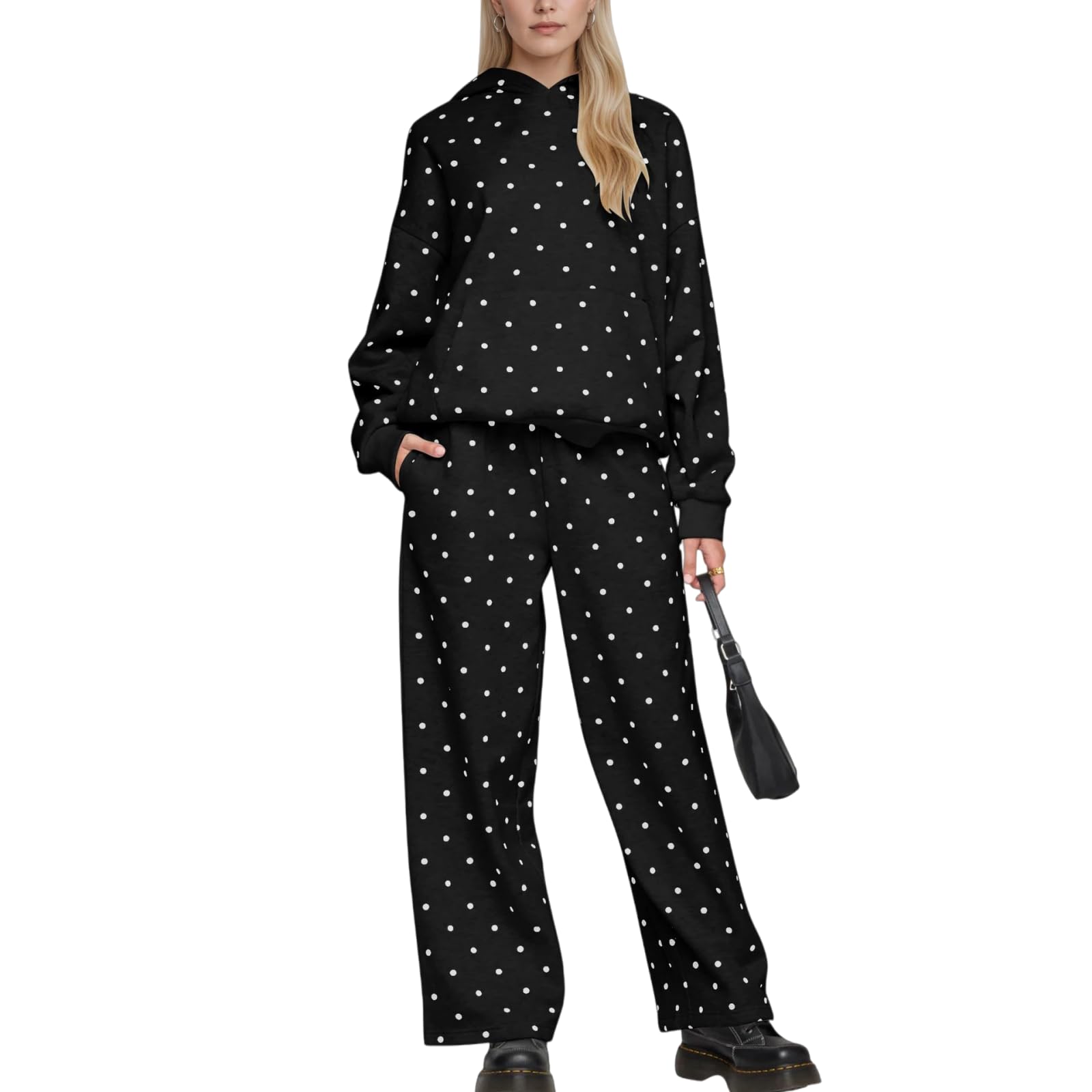 Conjunto deportivo de 2 piezas con lunares para mujer, sudadera con capucha de gran tamaño y pantalones deportivos de pierna ancha, lindos trajes casuales de entrenamiento