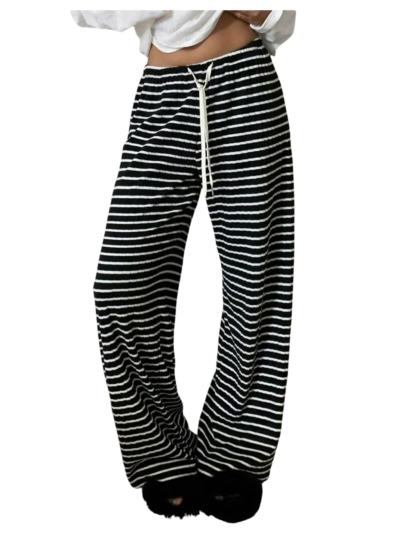 MakeMeChic Womens Striped Wide Leg Pants Drawstring Waist Baggy Y2K Trousers Loungewear