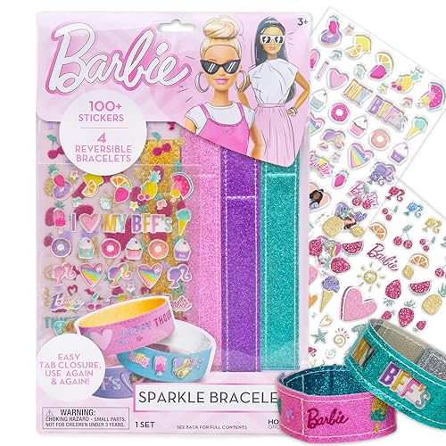 Barbie Sparkle Bracelet Making Kit, 4 Reversible Shimmery Bracelets, 100+ Traditional and Puffy Resin Stickers, DIY Friendship Jewelry, Girls Toys, Arts and Crafts for Kids Age 8-12, Gifts for Girls