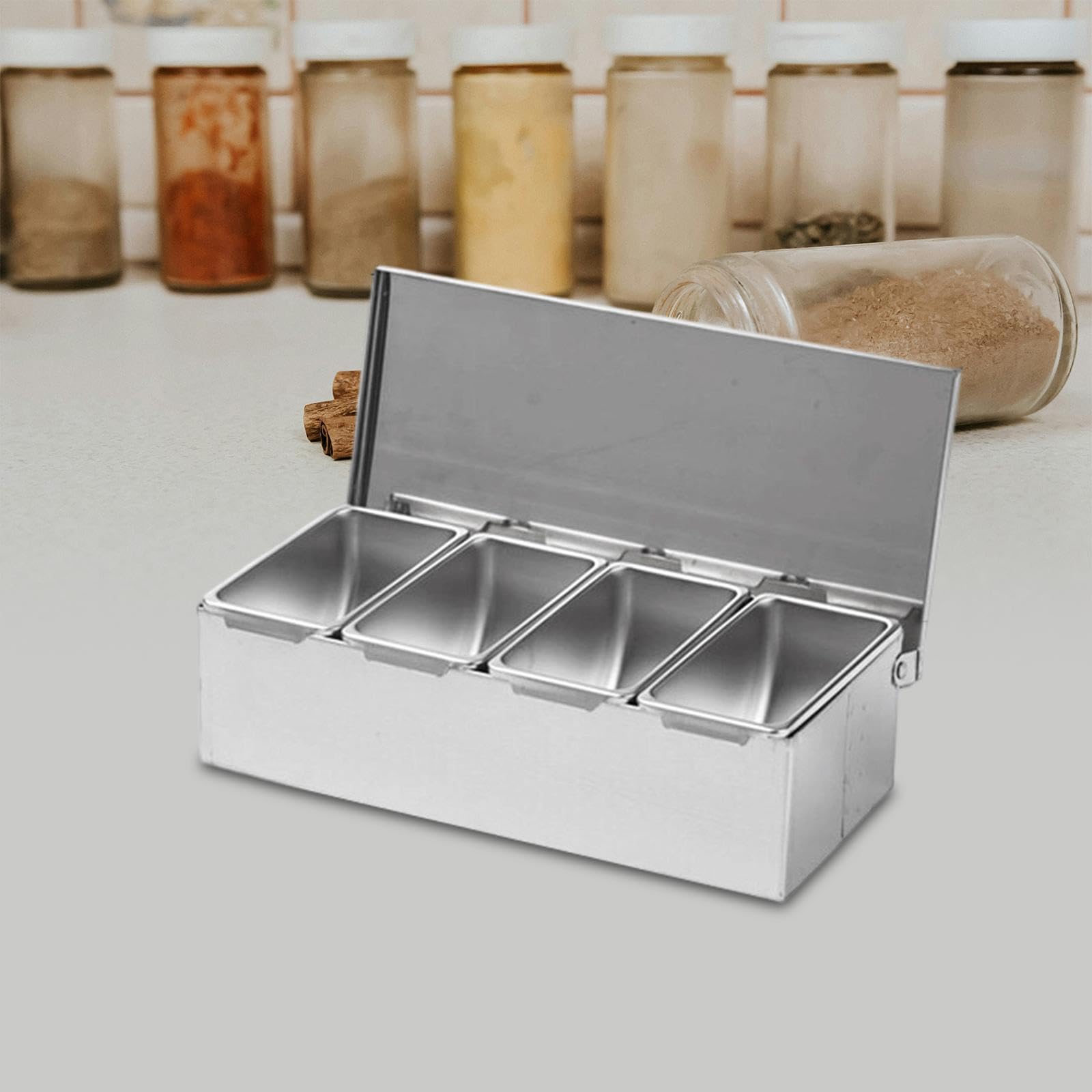 Condiment Jars Contenedor de Especias Servidor de Condimentos Organizador con Tapa Diseño Desmontable Fácil Limpieza Acero Inoxidable Adecuado para Fi, 4 Rejillas, Individual