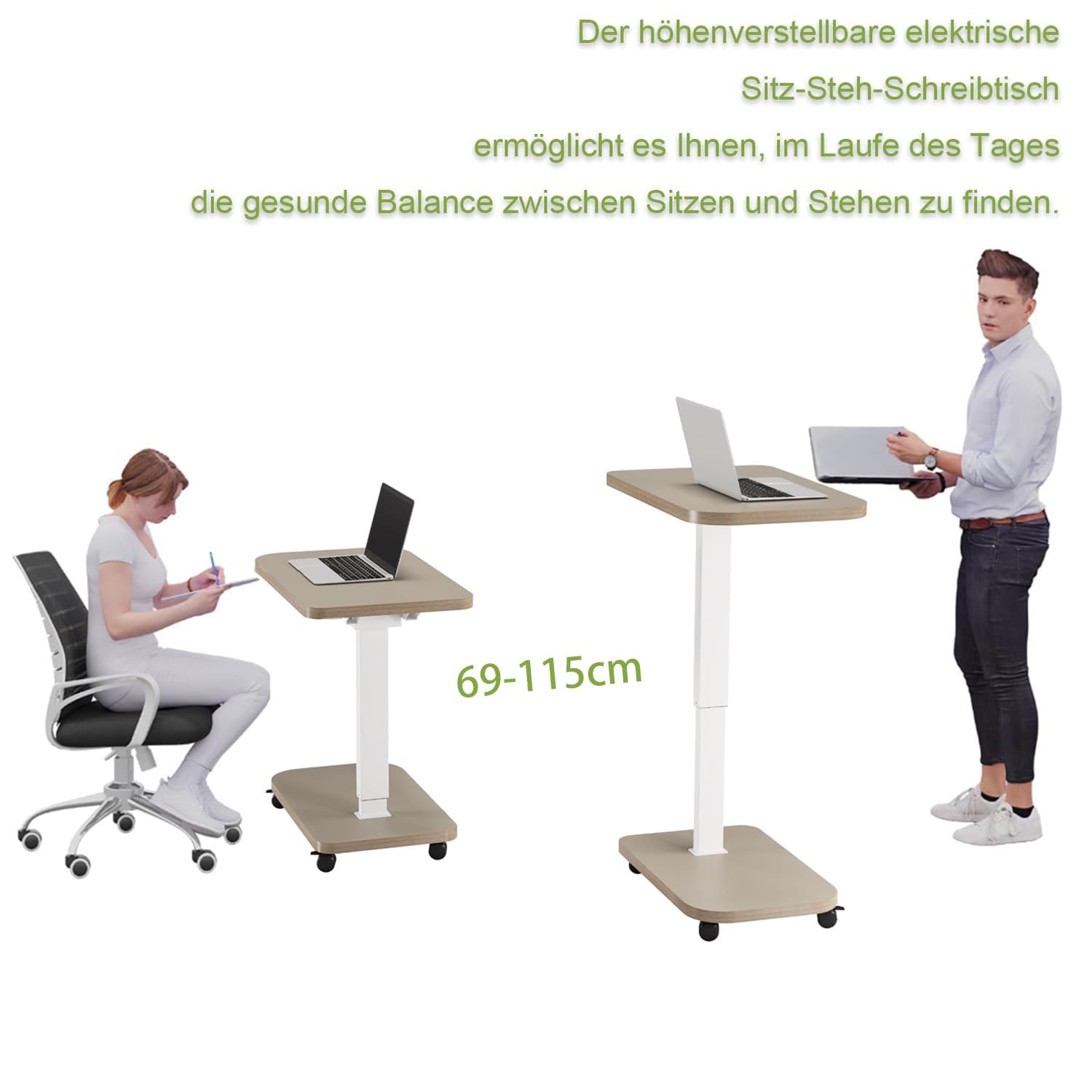 Radlove Escritorio de altura regulable eléctricamente con USB-C y pantalla LED, 71 x 46 cm, escritorio de pie con ruedas, mesa portátil de altura ajustable, aspecto de madera