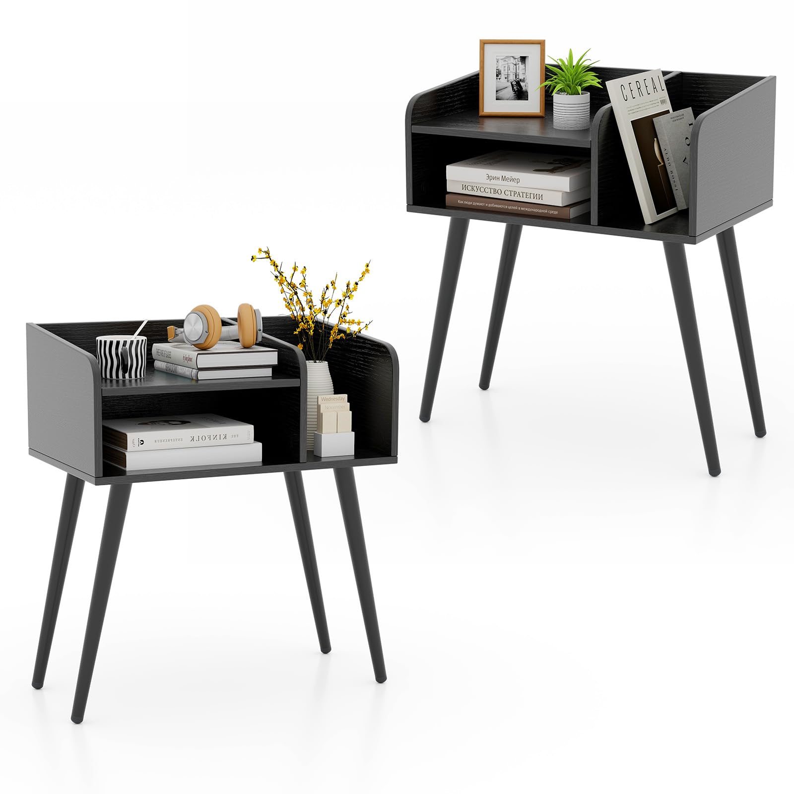 CASART Bedside Tables Set of 1/2, Wooden Nightstand Cabinet End Table with Open Shelves & Metal Support Legs, Modern Accent Sofa Side Table for Bedroom Living Room, 50x32x58cm (2, Black)