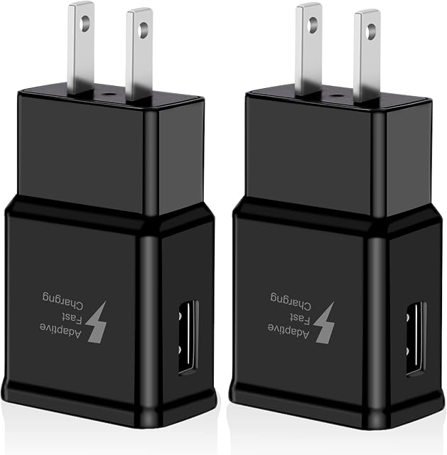 2 Pack Bloc de charge rapide adaptatif USB Adaptateur de prise pour chargeur mural compatible avec Samsung Galaxy S20/S20+/S 20 5G Ultra/S10/S10e S9 S8 S7 S6 S5 Edge Plus Actif, notez 5 7 8 9 10 20 Charge rapide (Noir)