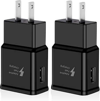 2 Pack Adaptive Fast Charging Block USB Wall Charger Plug Adapter for Samsung Galaxy S26 S25 S24 S23 S22 S21 S20 S10 Plus S9 S8 S7 A57 A36 A26 A17 A15 A14 A13 A12 A05s Note 9 Quick Charge Black